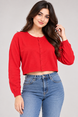 CLASSIC Women Red Cropped Button-Up Knit Sweater Cardigan