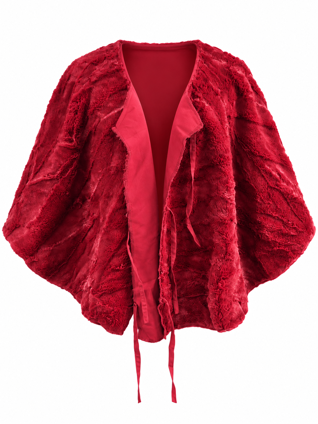  Clevercare Women's Burgundy Red Faux Fur Cape Cardigan in UK Size M. Stylish open-front batwing design with ribbon ties, perfect for winter layering.