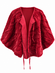  Clevercare Women's Burgundy Red Faux Fur Cape Cardigan in UK Size M. Stylish open-front batwing design with ribbon ties, perfect for winter layering.