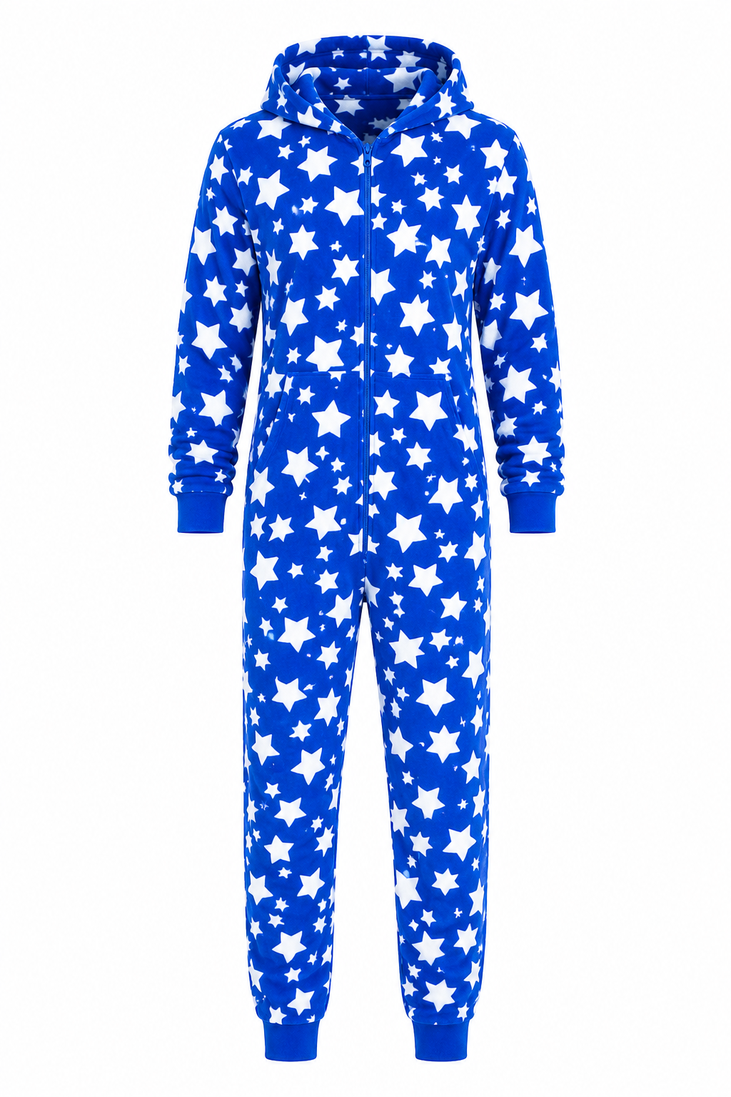  Co-Zees Blue Star Print Hooded Onesie in UK Size L. Cozy full-length design with hood, zip fastening, pockets and star print.