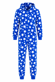   Co-Zees Blue Star Print Hooded Onesie in UK Size L. Cozy full-length design with hood, zip fastening, pockets and star print.
