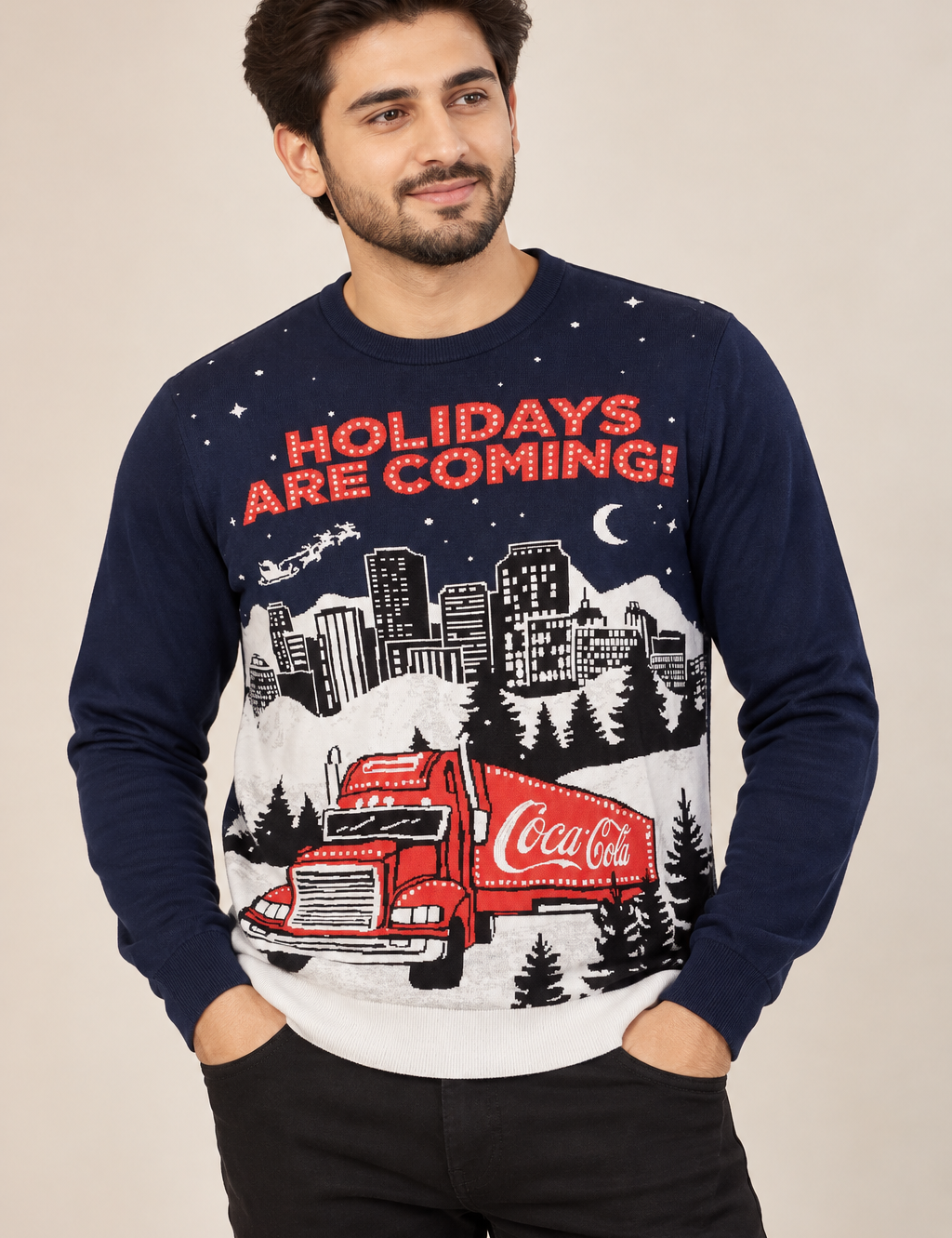  Coca-Cola Men’s Holidays Are Coming Christmas Jumper in UK Size XL. Navy festive sweater featuring the iconic Coca-Cola Christmas truck design.