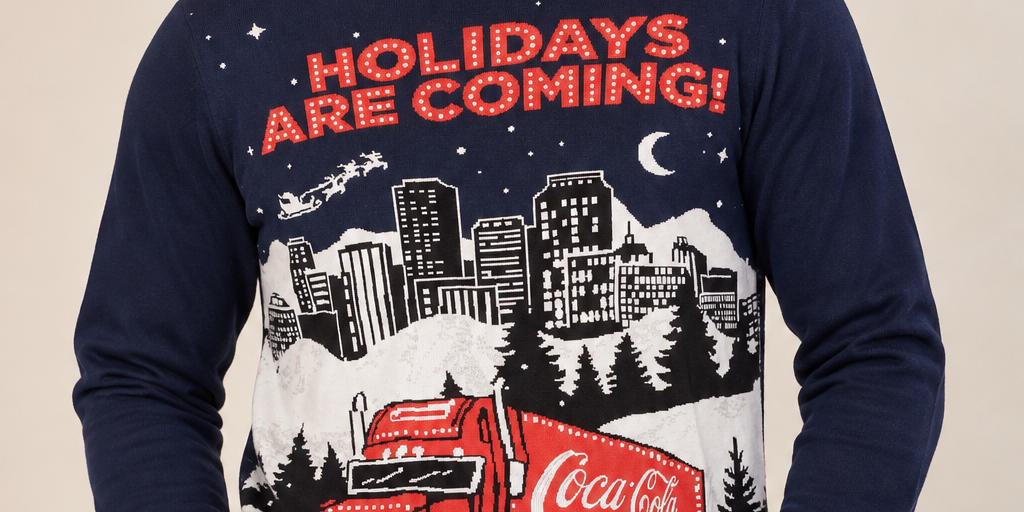  Coca-Cola Men’s Holidays Are Coming Christmas Jumper in UK Size XL. Navy festive sweater featuring the iconic Coca-Cola Christmas truck design.