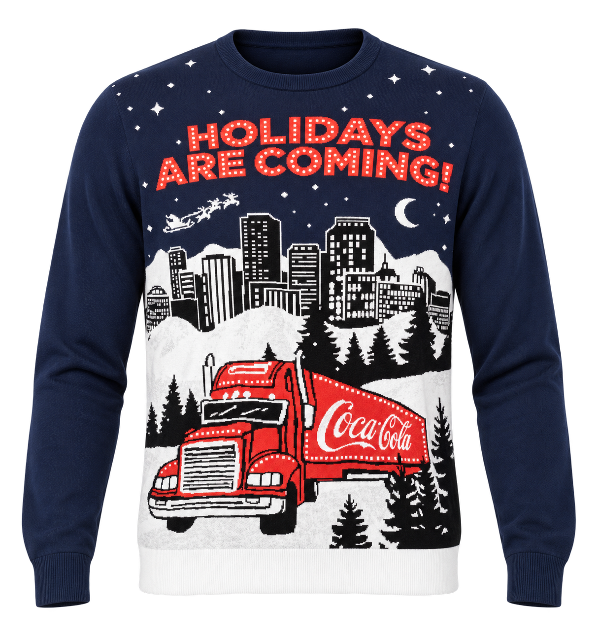  Coca-Cola Men’s Holidays Are Coming Christmas Jumper in UK Size XL. Navy festive sweater featuring the iconic Coca-Cola Christmas truck design.