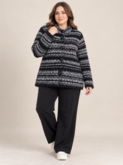 COLLECTION Women's Black & Grey Striped Chunky Knit Cardigan in UK Size 2XL. Stylish button-up winter knitwear with a cosy, relaxed fit.