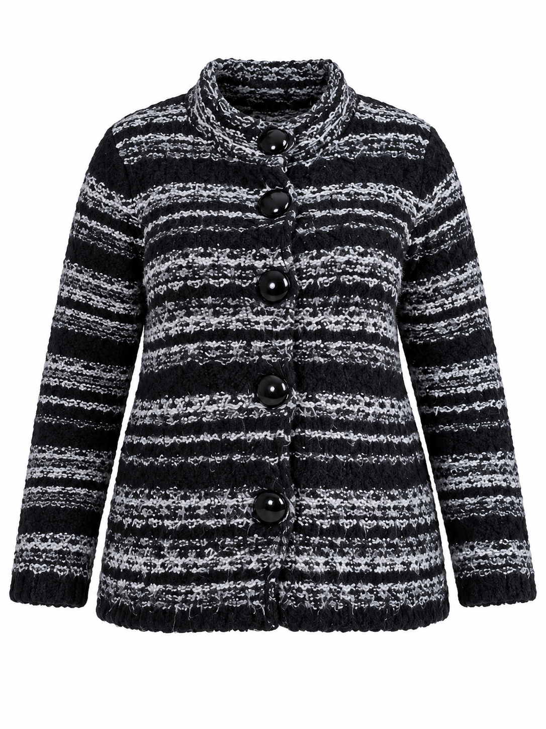 COLLECTION Women's Black & Grey Striped Chunky Knit Cardigan in UK Size 2XL. Stylish button-up winter knitwear with a cosy, relaxed fit.