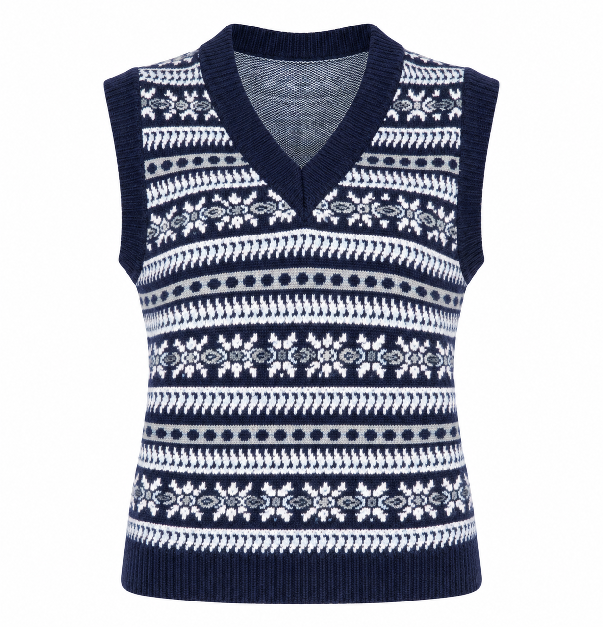 Colour Eighteen women’s Fair Isle knitted sweater vest in UK Size S. Navy, white and grey V-neck sleeveless knit, perfect for winter layering.