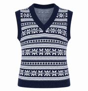 Colour Eighteen women’s Fair Isle knitted sweater vest in UK Size S. Navy, white and grey V-neck sleeveless knit, perfect for winter layering.