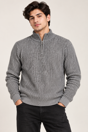  Common People Men's Grey Ribbed Quarter-Zip Sweater in UK XL. Stylish high-neck knit pullover, perfect for casual and winter fashion.