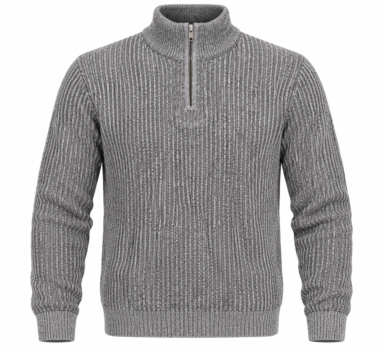  Common People Men's Grey Ribbed Quarter-Zip Sweater in UK XL. Stylish high-neck knit pullover, perfect for casual and winter fashion.