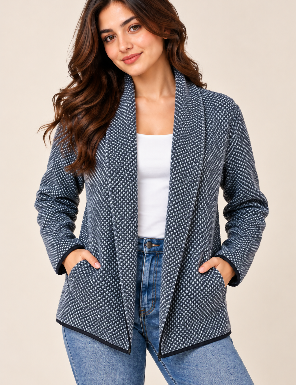 CONFEZIONATO Women’s Silver Grey Textured Open-Front Cardigan Jacket in UK Size L. Features side pockets, long sleeves and stylish contrast edging.