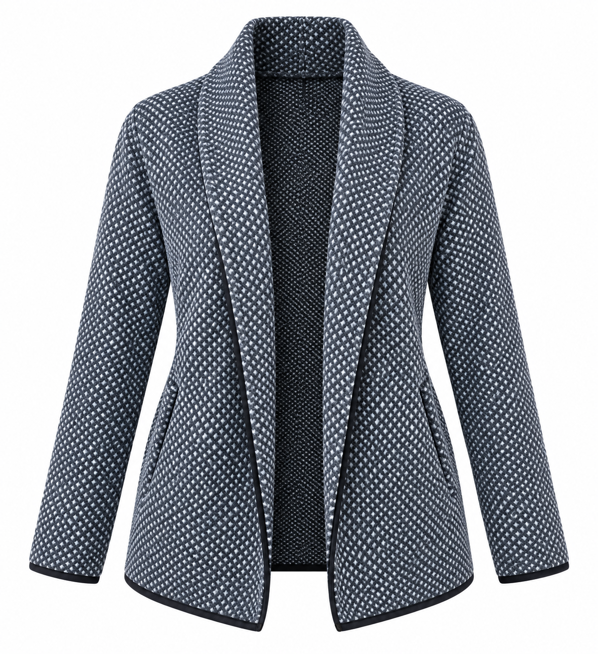CONFEZIONATO Women’s Silver Grey Textured Open-Front Cardigan Jacket in UK Size L. Features side pockets, long sleeves and stylish contrast edging.