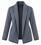CONFEZIONATO Women’s Silver Grey Textured Open-Front Cardigan Jacket in UK Size L. Features side pockets, long sleeves and stylish contrast edging.