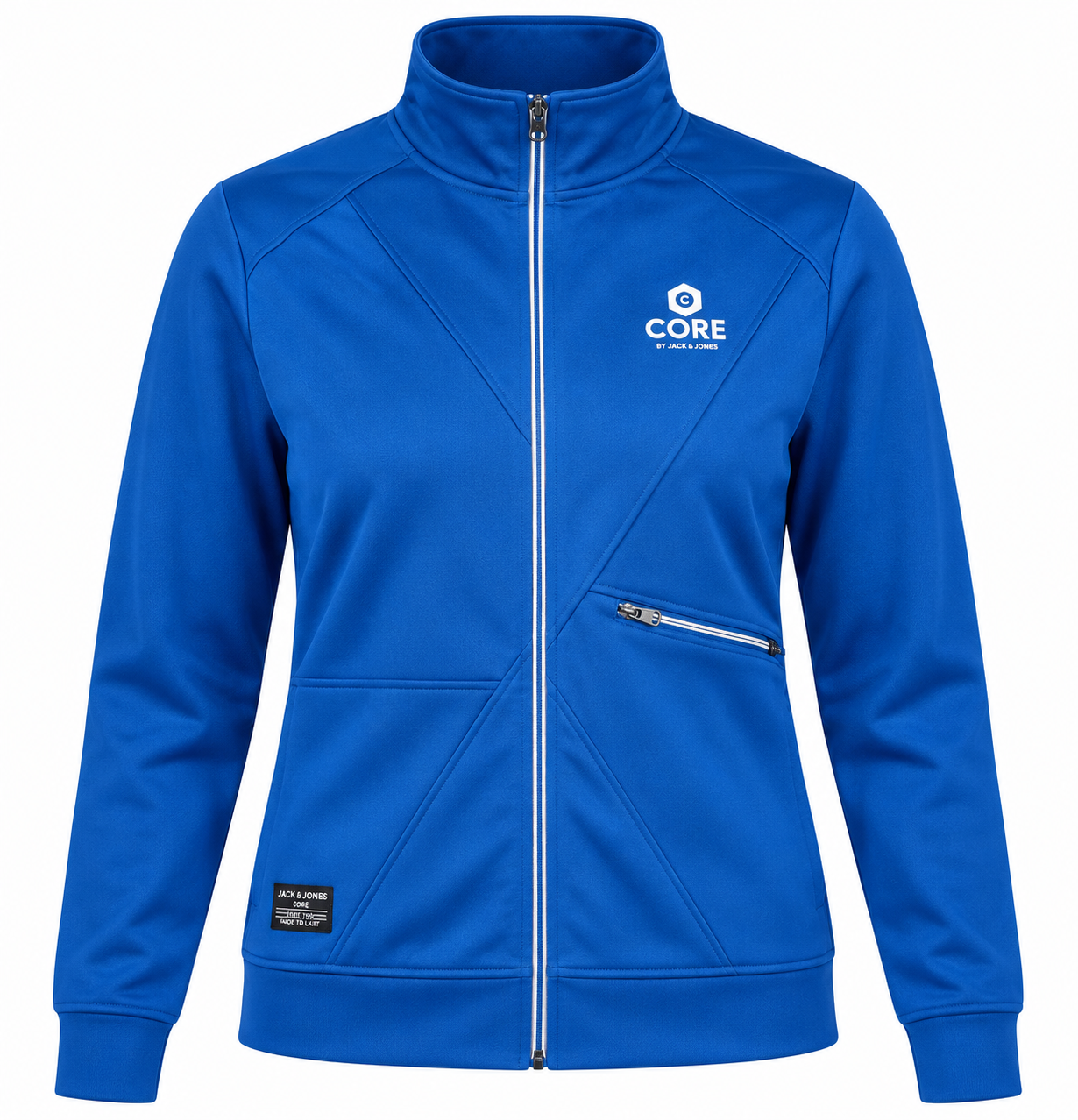 CORE women’s royal blue full-zip sports jacket in UK Size M. Stylish high-neck activewear jacket with zip pocket, ideal for casual wear.