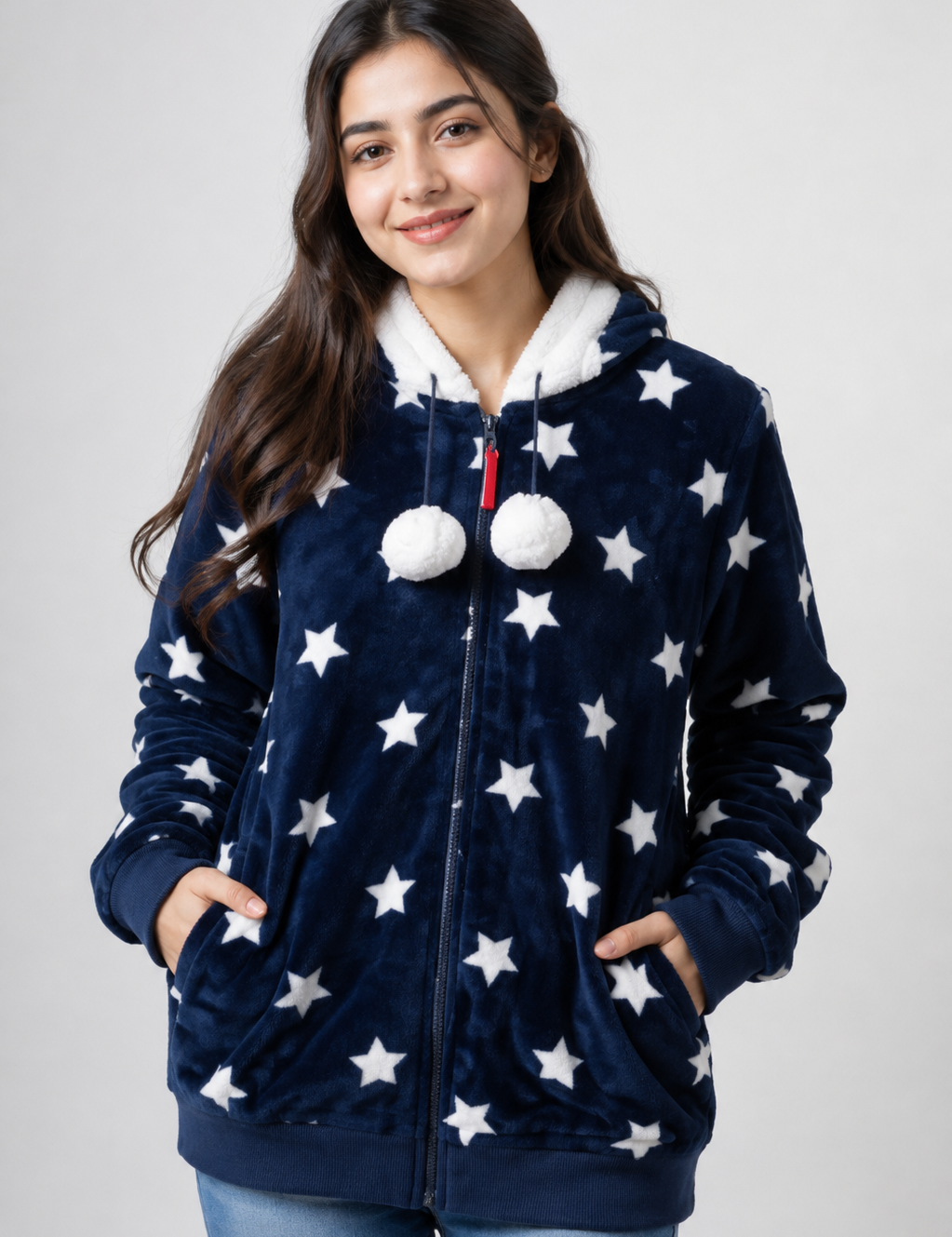 COSY Navy Blue Star Print Fleece Hoodie in UK Size 14. Soft cosy design with white stars, fluffy hood, pom-poms, zip fastening and front pockets.