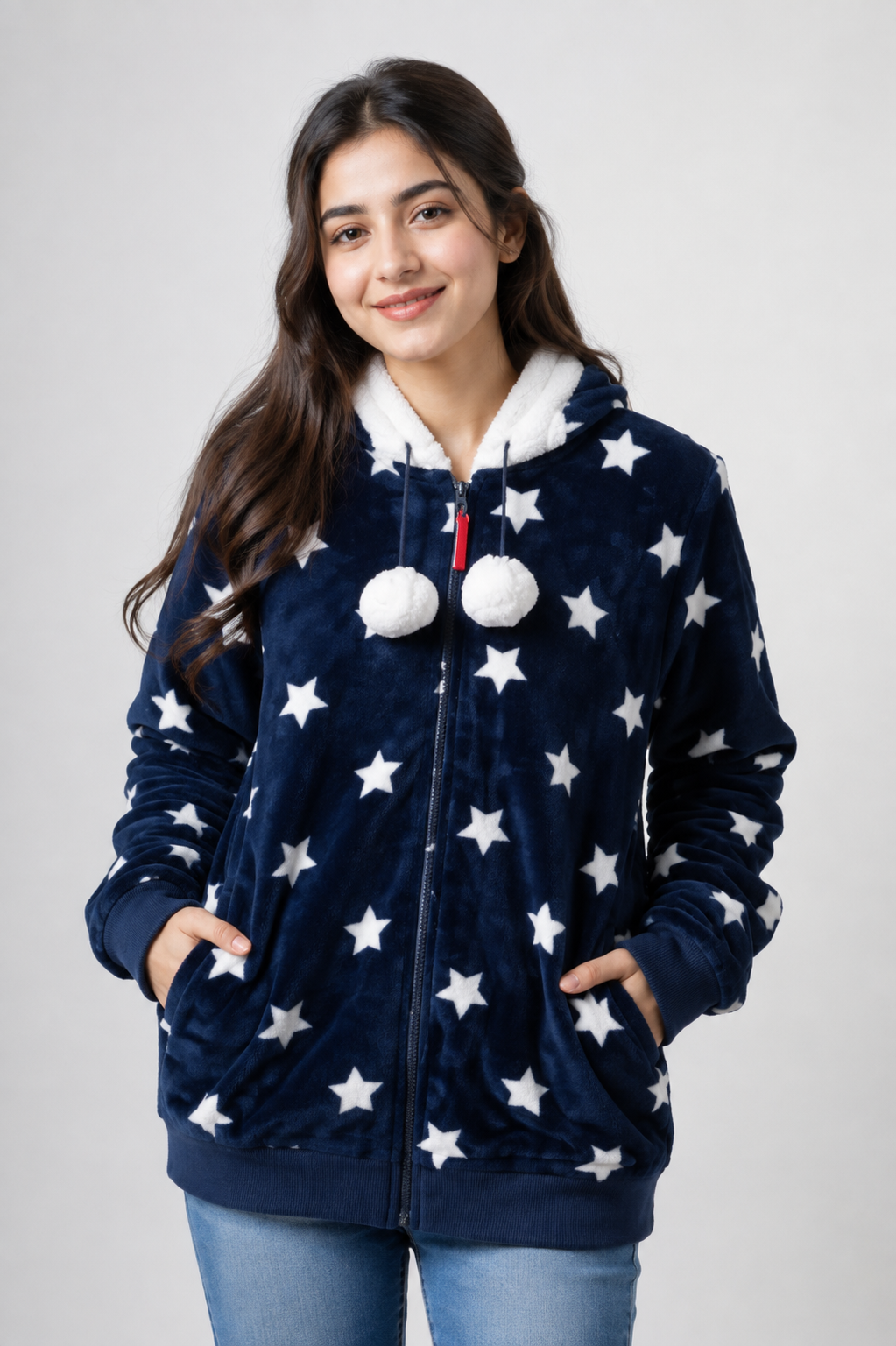 COSY Navy Blue Star Print Fleece Hoodie in UK Size 14. Soft cosy design with white stars, fluffy hood, pom-poms, zip fastening and front pockets.