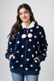 COSY Navy Blue Star Print Fleece Hoodie in UK Size 14. Soft cosy design with white stars, fluffy hood, pom-poms, zip fastening and front pockets.