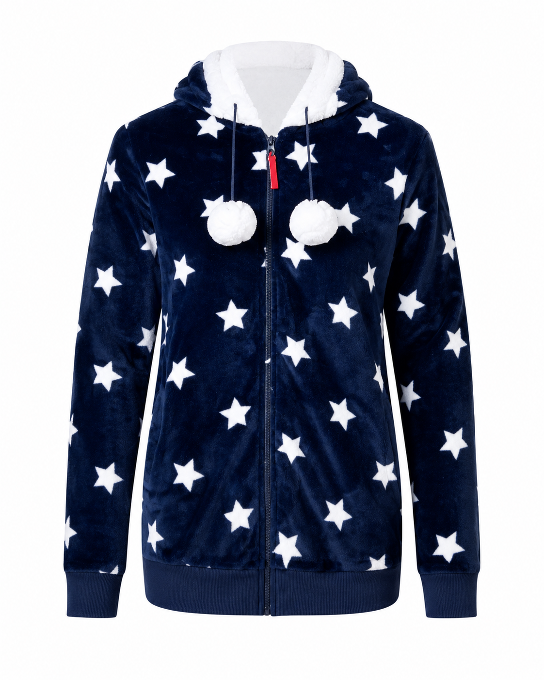 COSY Navy Blue Star Print Fleece Hoodie in UK Size 14. Soft cosy design with white stars, fluffy hood, pom-poms, zip fastening and front pockets.
