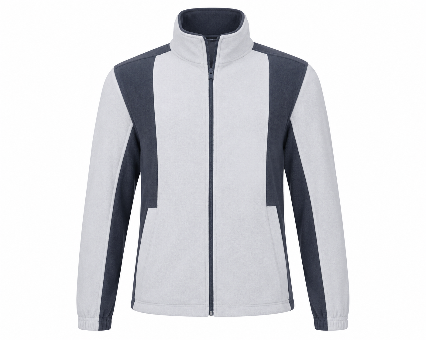  Cotton Men’s Grey & Navy Full-Zip Fleece Jacket in UK Size M. Stylish high-neck design, contrast panels and practical pockets, perfect for casual everyday wear.