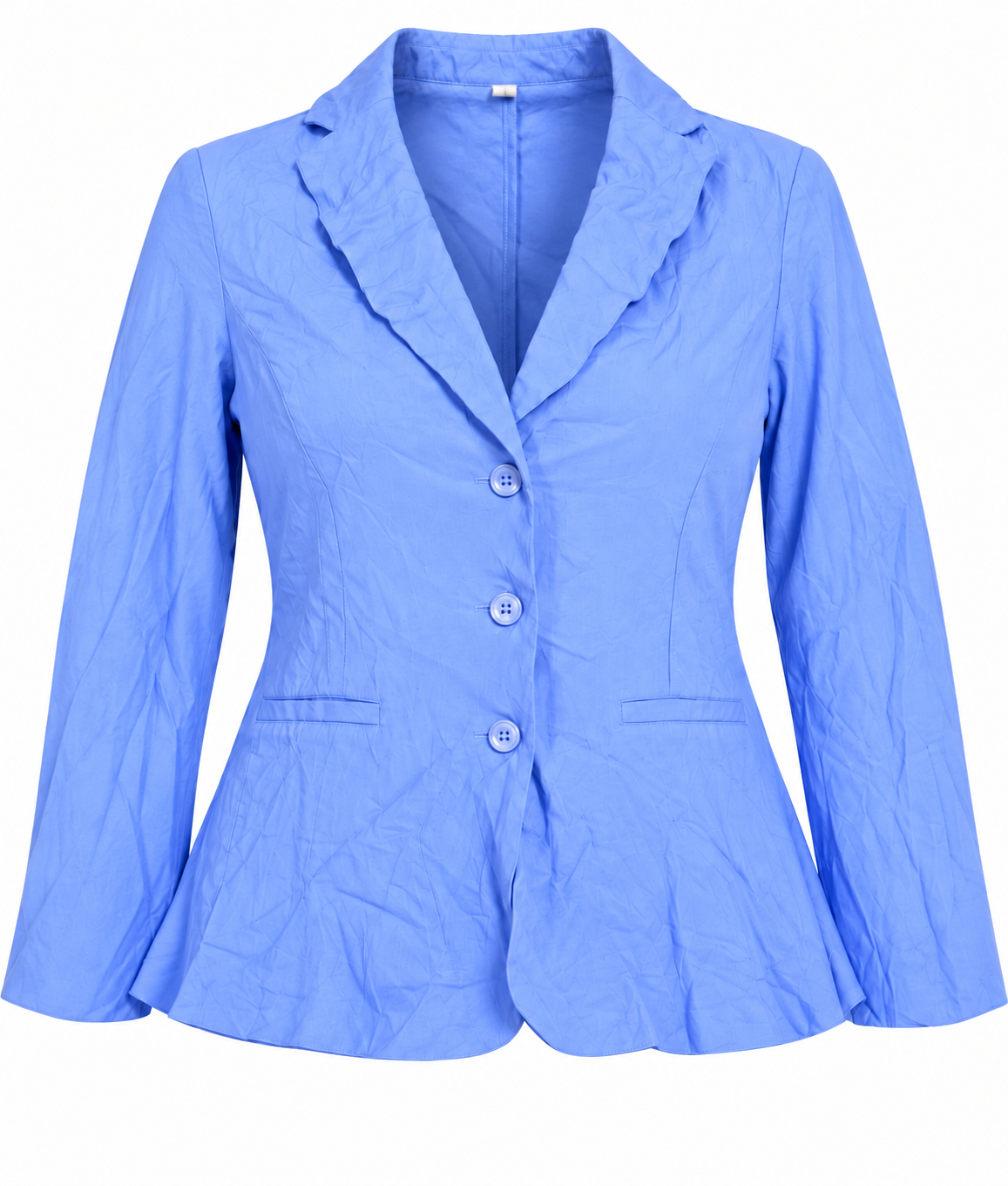 COTTON Women's Sky Blue Peplum Blazer in UK Size XL. Elegant button-front jacket with long sleeves, tailored waist and flattering flared hem.