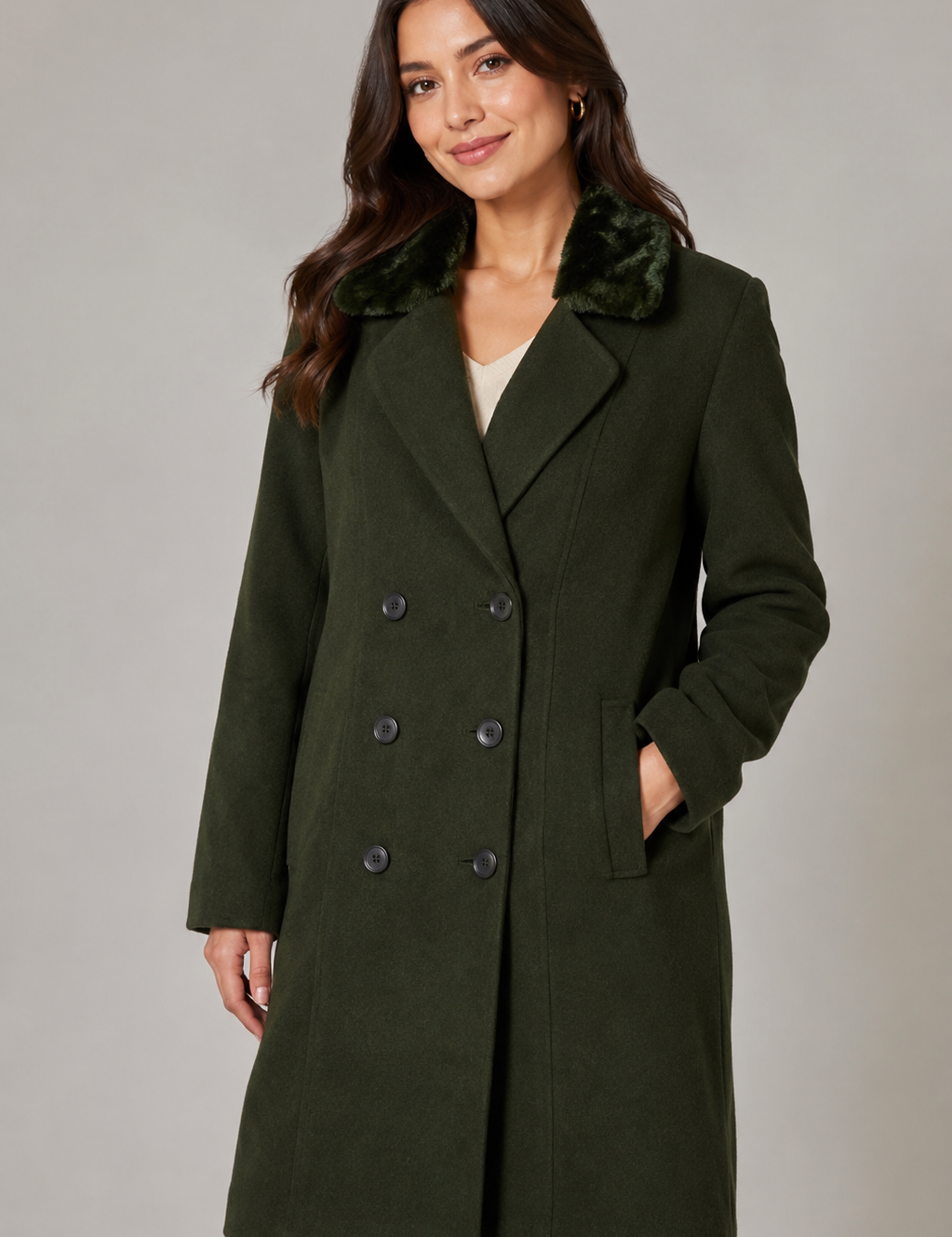 COUNTRY CASUALS Women's Dark Green Double-Breasted Coat in UK Size 16. Stylish longline winter coat with faux-fur collar, tailored lapels and practical pockets.