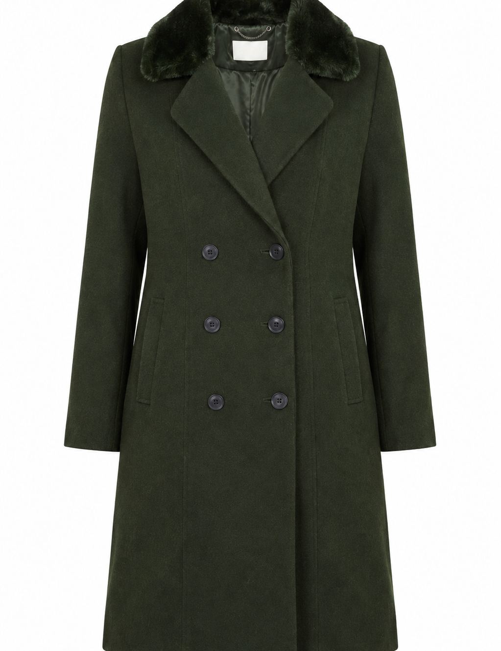 COUNTRY CASUALS Women's Dark Green Double-Breasted Coat in UK Size 16. Stylish longline winter coat with faux-fur collar, tailored lapels and practical pockets.