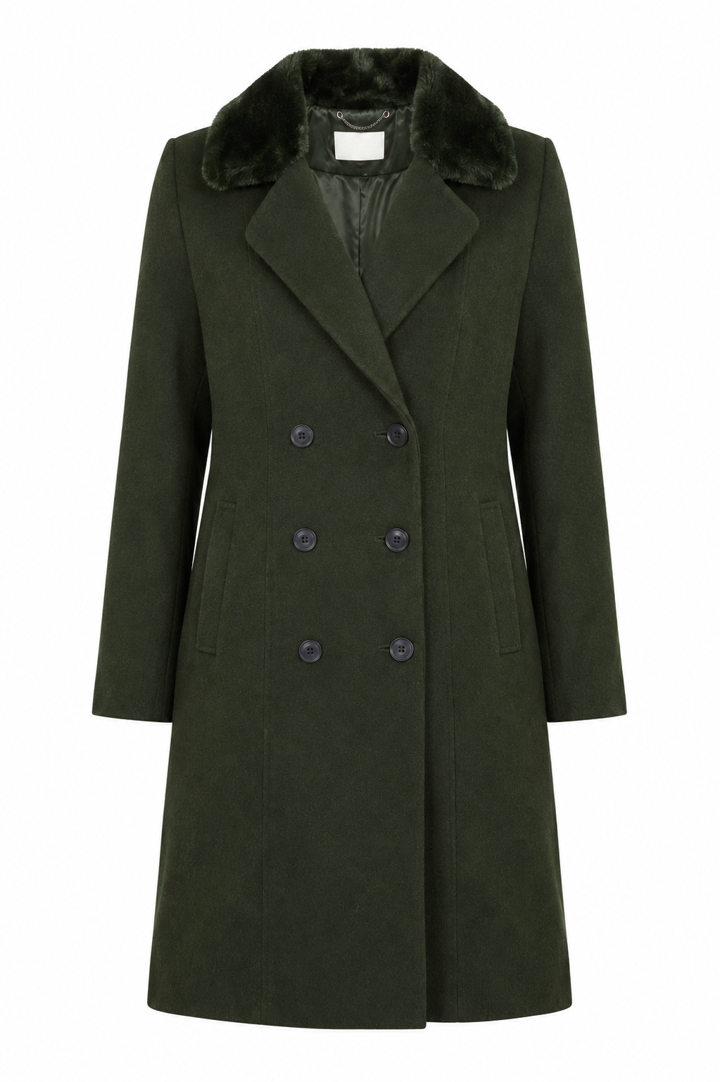 COUNTRY CASUALS Women's Dark Green Double-Breasted Coat in UK Size 16. Stylish longline winter coat with faux-fur collar, tailored lapels and practical pockets.