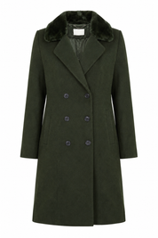 COUNTRY CASUALS Women's Dark Green Double-Breasted Coat in UK Size 16. Stylish longline winter coat with faux-fur collar, tailored lapels and practical pockets.