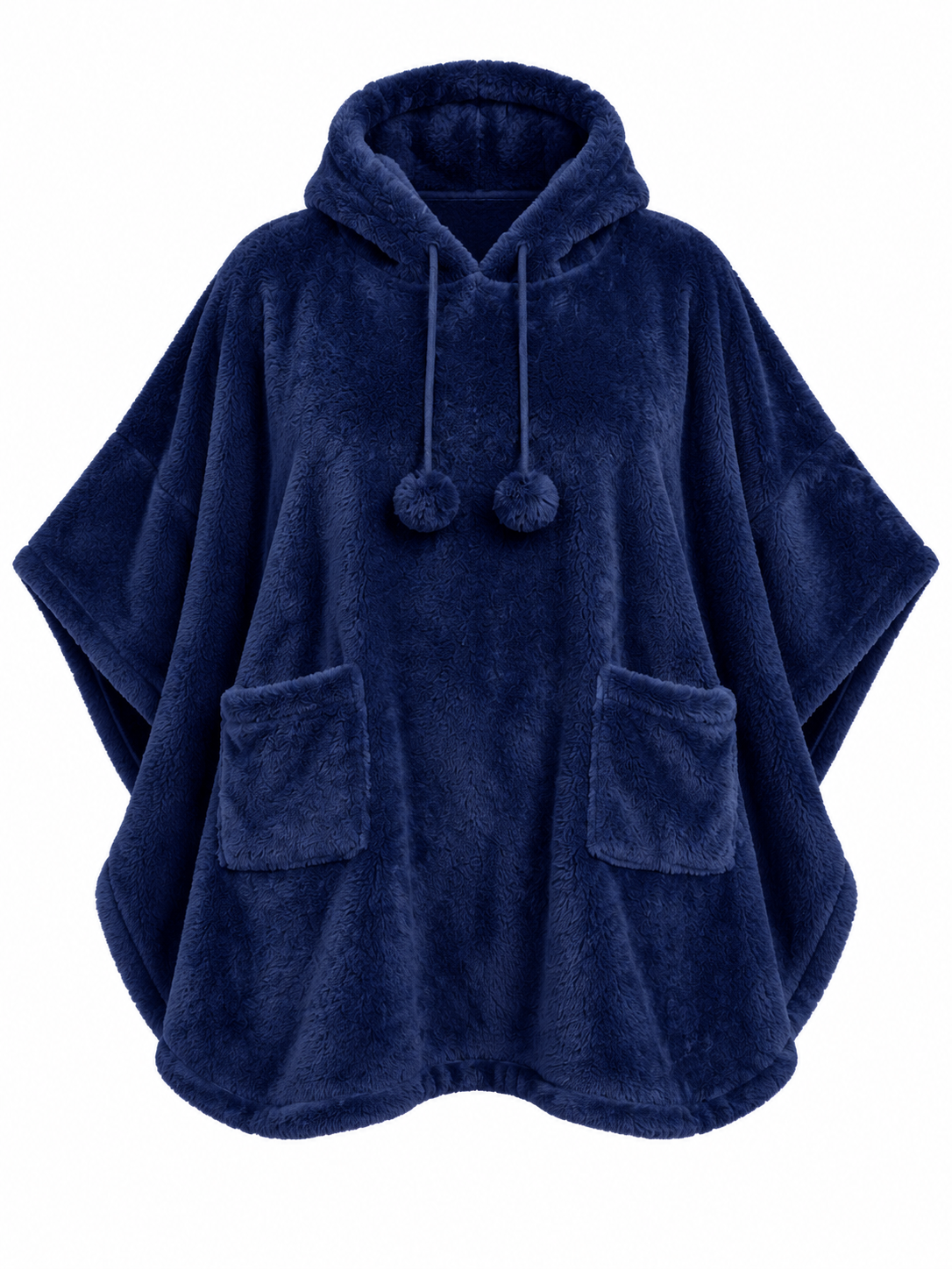 COZEE Women's Navy Blue Fluffy Fleece Hooded Poncho Blanket in UK One Size. Soft, cosy oversized loungewear with hood, pom-pom ties and pockets.