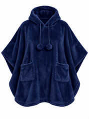 COZEE Women's Navy Blue Fluffy Fleece Hooded Poncho Blanket in UK One Size. Soft, cosy oversized loungewear with hood, pom-pom ties and pockets.
