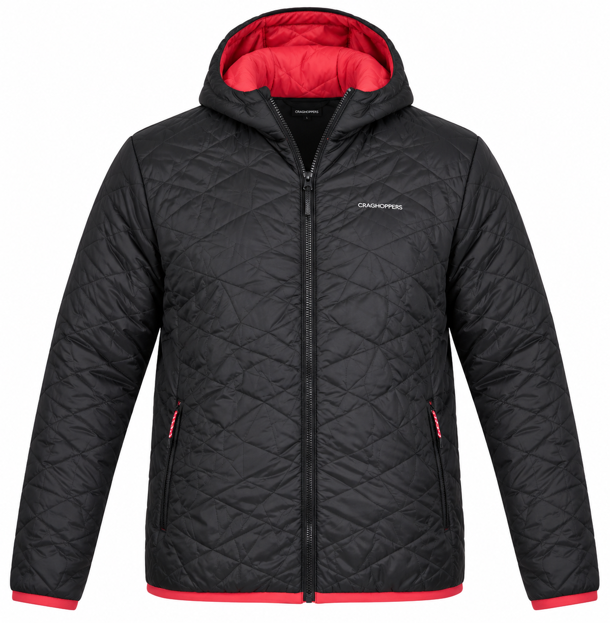 CRAGHOPPERS men’s black quilted hooded jacket in UK XXL with red contrast trim, zip pockets and lightweight padded design. Original UK customer return.
