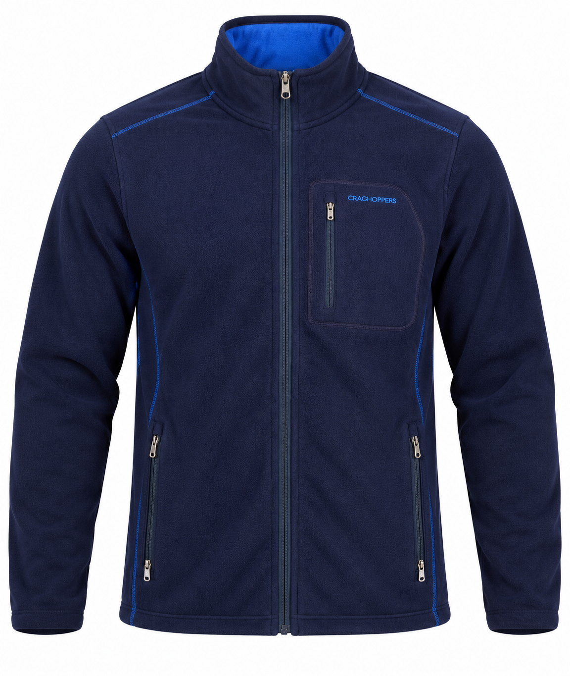 Craghoppers men's navy blue fleece jacket in UK XL. Full zip design, stand collar, blue accents and practical zipped pockets for casual outdoor wear.