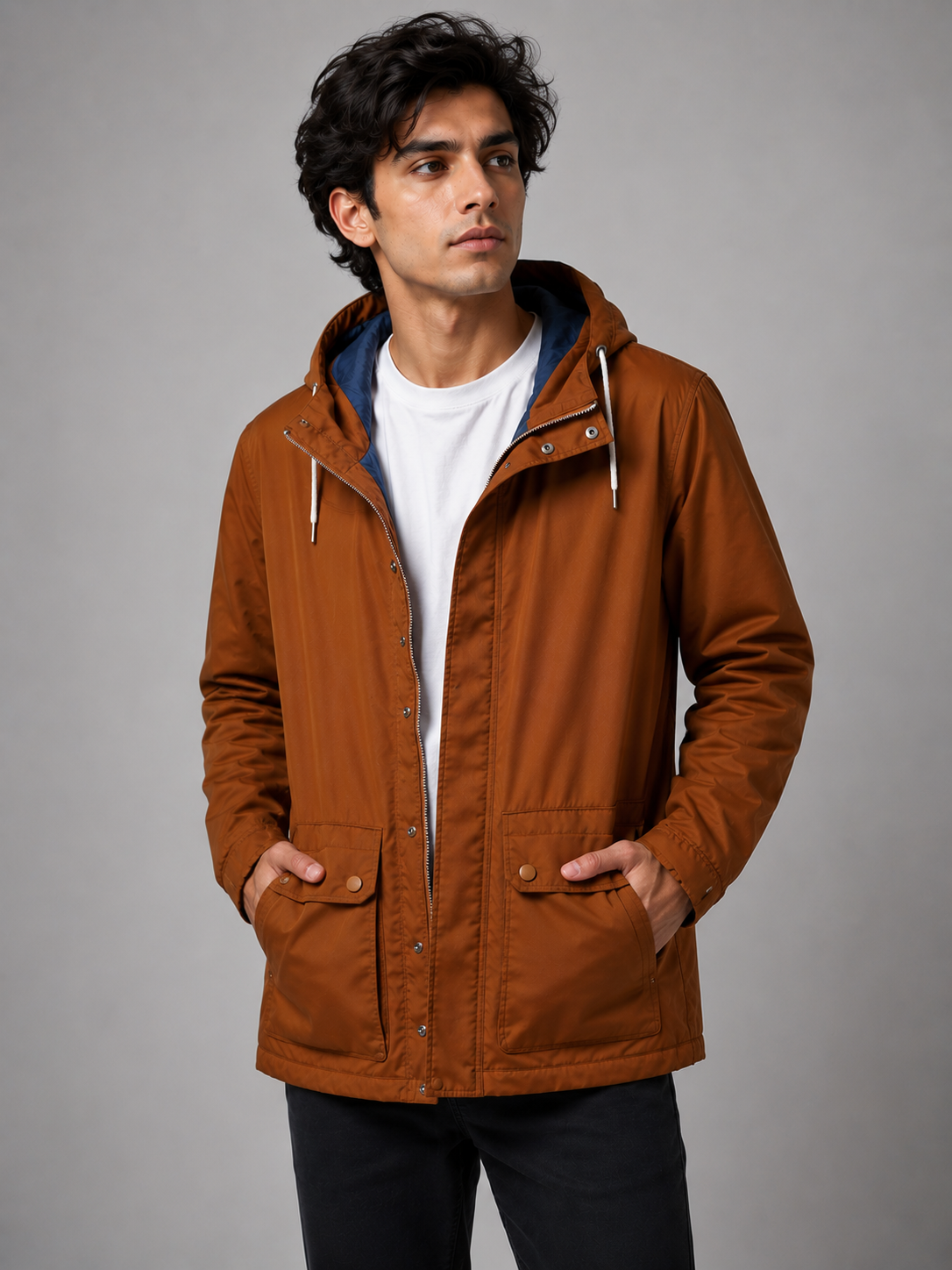  Craghoppers men’s rust brown hooded outdoor jacket, UK size L. Features practical pockets, zip fastening and versatile outdoor styling.
