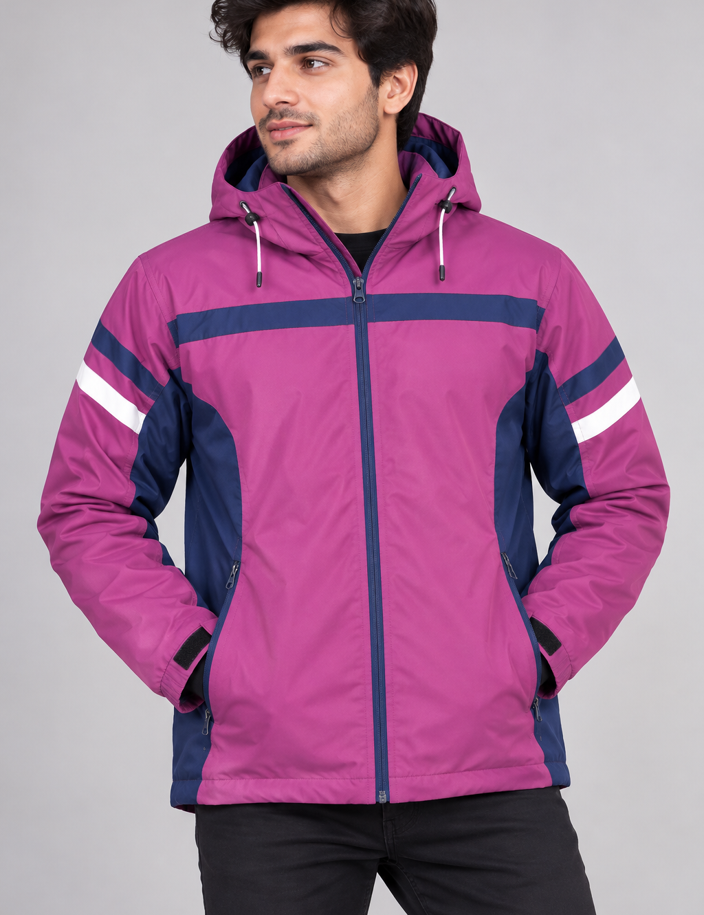 CRANE men’s hooded outdoor jacket in UK Size L. Stylish magenta and navy colour-block design, ideal for winter, travel and casual wear.