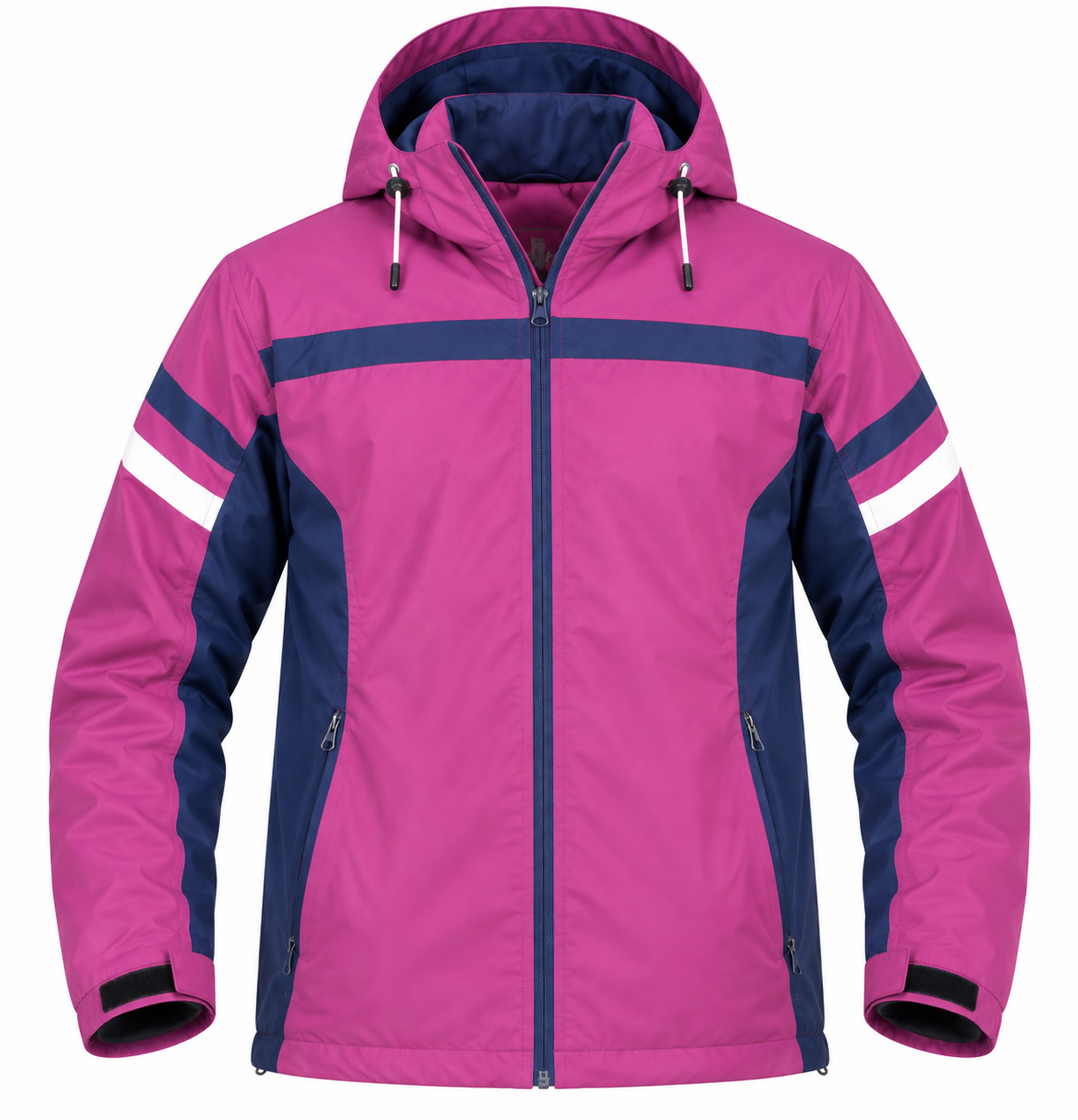 CRANE men’s hooded outdoor jacket in UK Size L. Stylish magenta and navy colour-block design, ideal for winter, travel and casual wear.