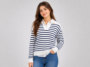  Crew Clothing girls’ white and navy striped knit sweater in UK Size 10. Classic long-sleeve design with a smart collar, perfect for casual and everyday outfits.