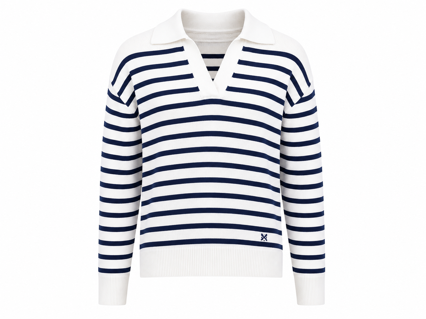  Crew Clothing girls’ white and navy striped knit sweater in UK Size 10. Classic long-sleeve design with a smart collar, perfect for casual and everyday outfits.