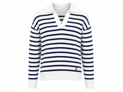  Crew Clothing girls’ white and navy striped knit sweater in UK Size 10. Classic long-sleeve design with a smart collar, perfect for casual and everyday outfits.