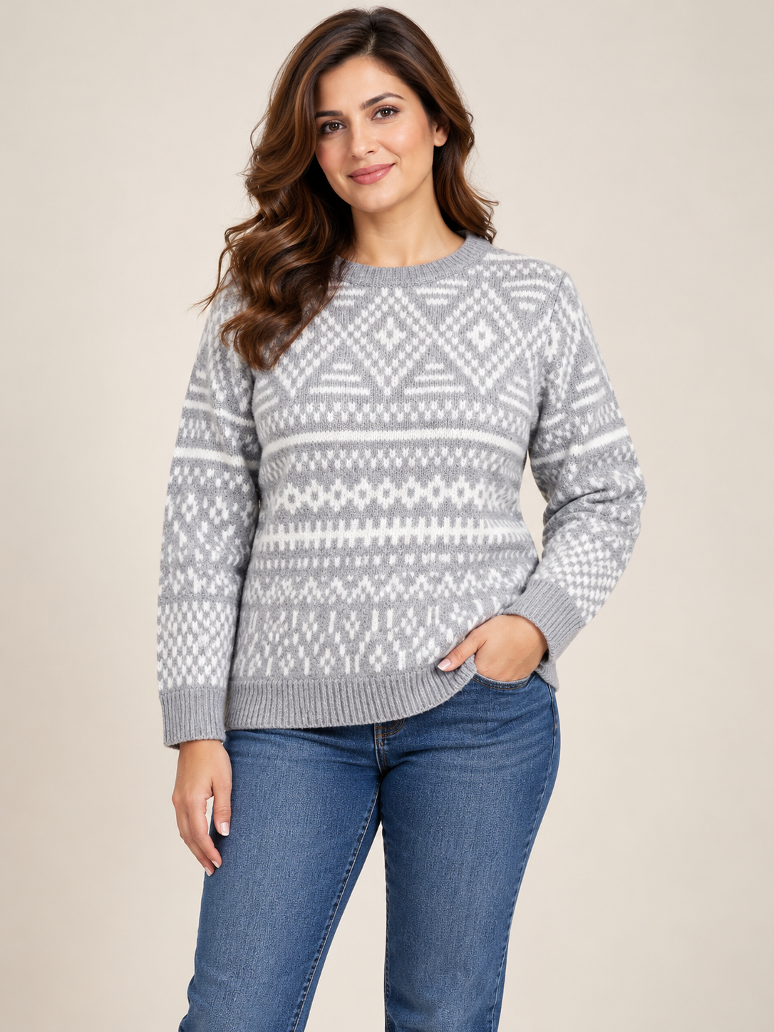 Cupcakes and Cashmere Women's Grey & White Fair Isle Knitted Jumper, UK Size M. Cosy Nordic-inspired knitwear, perfect for stylish winter outfits.