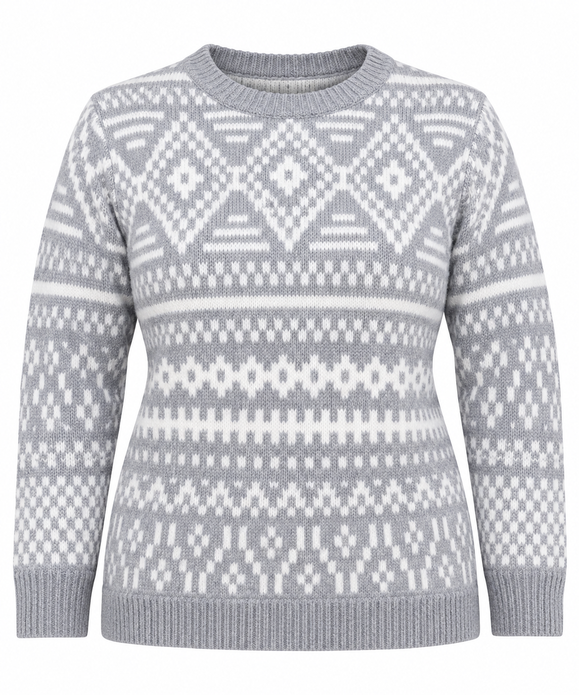 Cupcakes and Cashmere Women's Grey & White Fair Isle Knitted Jumper, UK Size M. Cosy Nordic-inspired knitwear, perfect for stylish winter outfits.