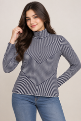 Cynthia Rowley Women Navy & White Striped Turtleneck Top
