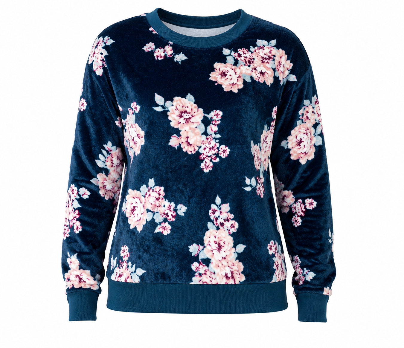  Daisy Dreamer women’s floral velour sweatshirt in navy blue with pink flower print. Soft, stylish and comfortable casual wear in UK size XL.