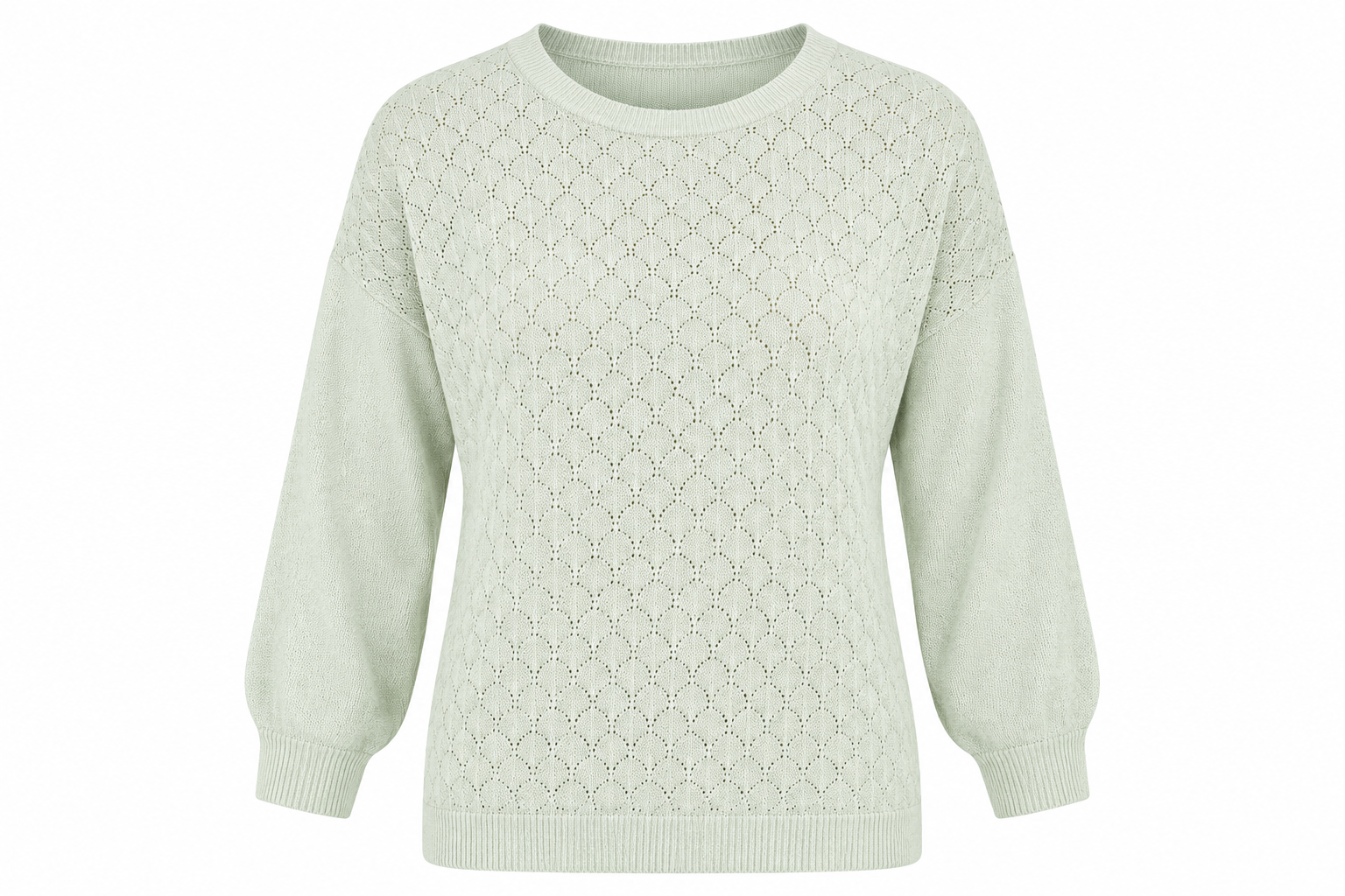  Damart women’s mint green pointelle knit sweater in UK size 22/24. Relaxed fit, long sleeves and delicate open-knit design for stylish everyday wear.