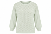  Damart women’s mint green pointelle knit sweater in UK size 22/24. Relaxed fit, long sleeves and delicate open-knit design for stylish everyday wear.