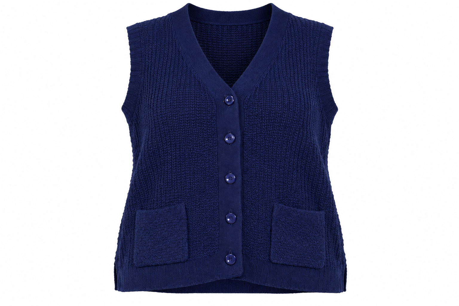 Damart Women’s Navy Blue Knitted Button Vest Cardigan in UK Size XL. A comfortable sleeveless V-neck knit with front pockets, ideal for layering.