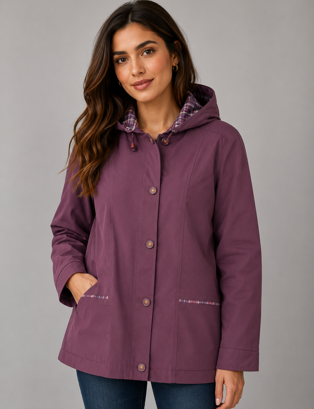  Damart women’s plum hooded jacket in UK XL. Stylish button-front design, plaid-lined hood, long sleeves and practical front pockets. Perfect for casual everyday wear.