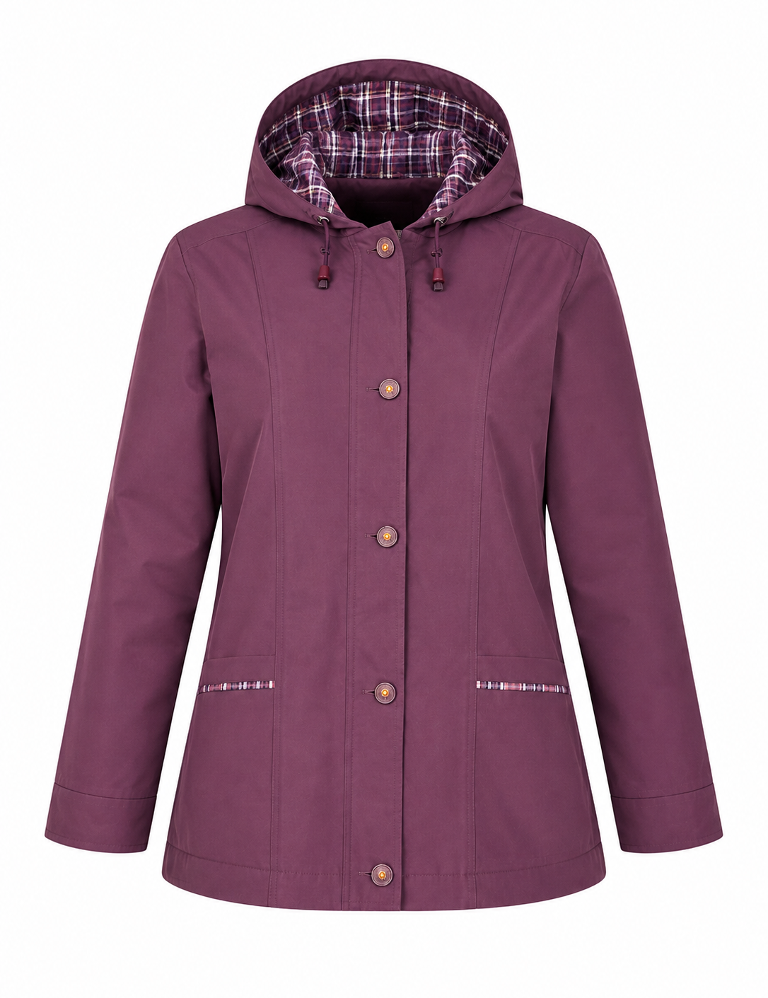  Damart women’s plum hooded jacket in UK XL. Stylish button-front design, plaid-lined hood, long sleeves and practical front pockets. Perfect for casual everyday wear.