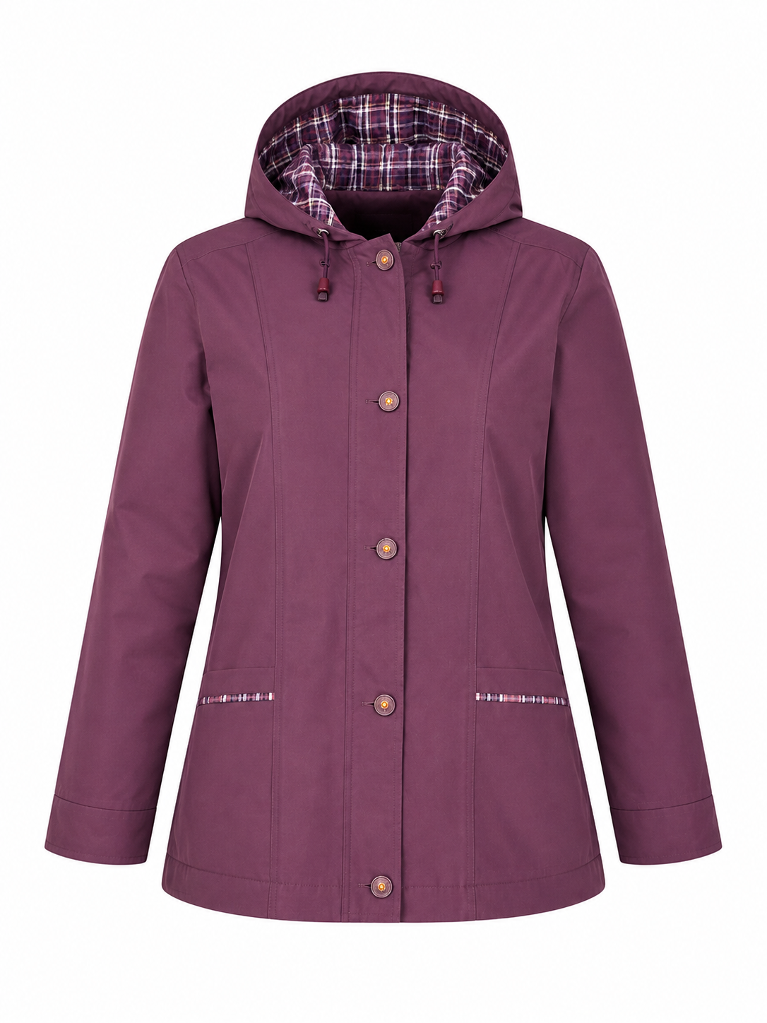  Damart women’s plum hooded jacket in UK XL. Stylish button-front design, plaid-lined hood, long sleeves and practical front pockets. Perfect for casual everyday wear.