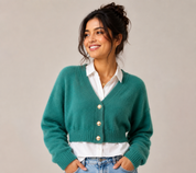   Dancing Leopard Women’s Teal Green Cropped Cardigan in UK Size 14. Soft fuzzy knit, V-neck, gold-tone buttons and stylish cropped fit.