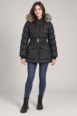 Dare 2B Women Black Faux Fur Hooded Belted Puffer Coat